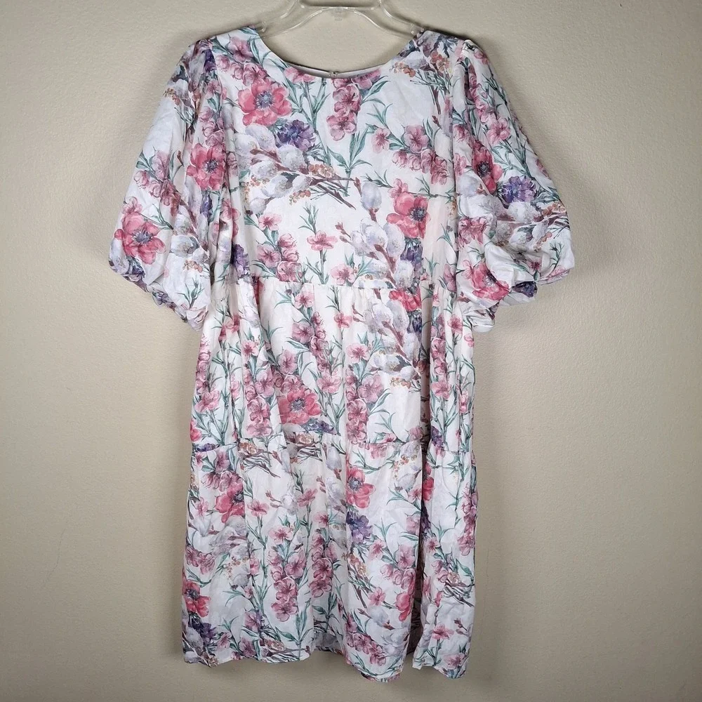 Polagram Women's Large Midi Dress Lavender Floral Farmhouse Cottage Puff Sleeve